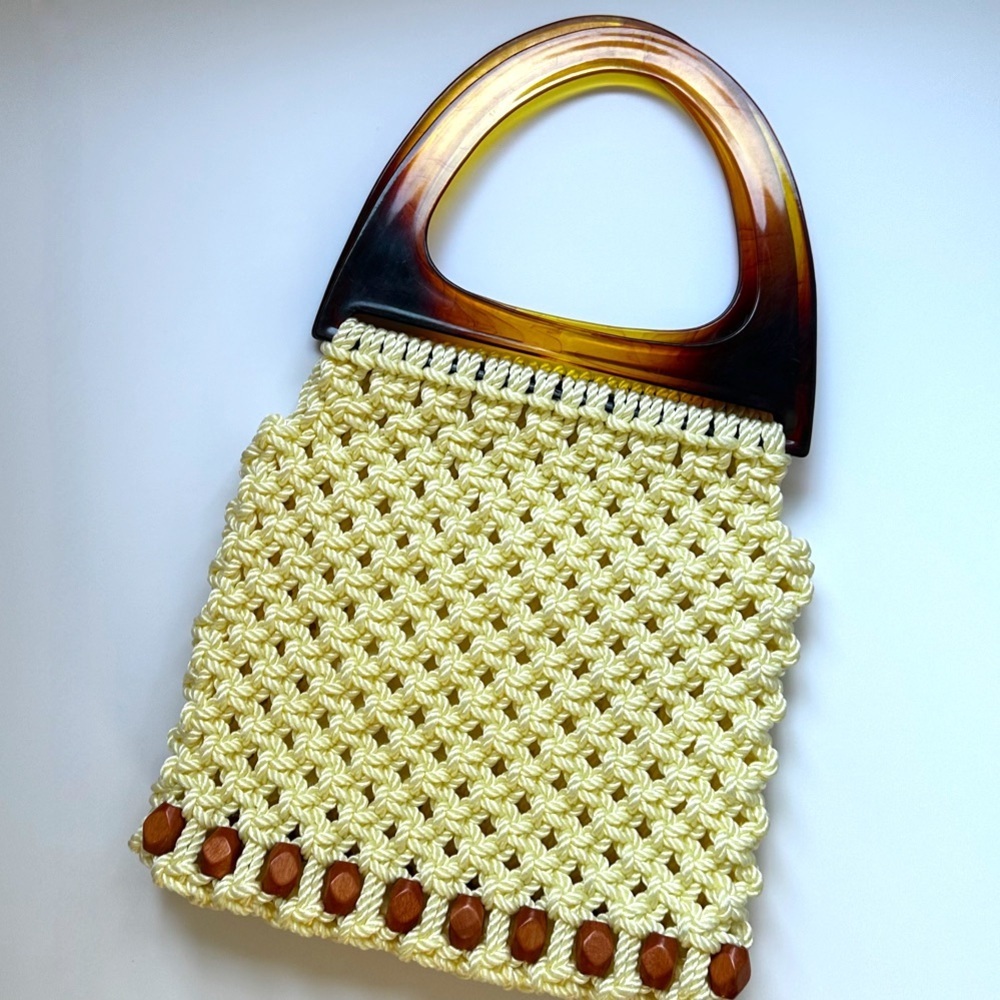 Vintage 1970s Macrame Beaded Handbag Faux Tortoiseshell Handle Boho